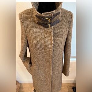 Ralph Lauren Brown Wool High Neck Belted Coat Cape with Buckle Accents